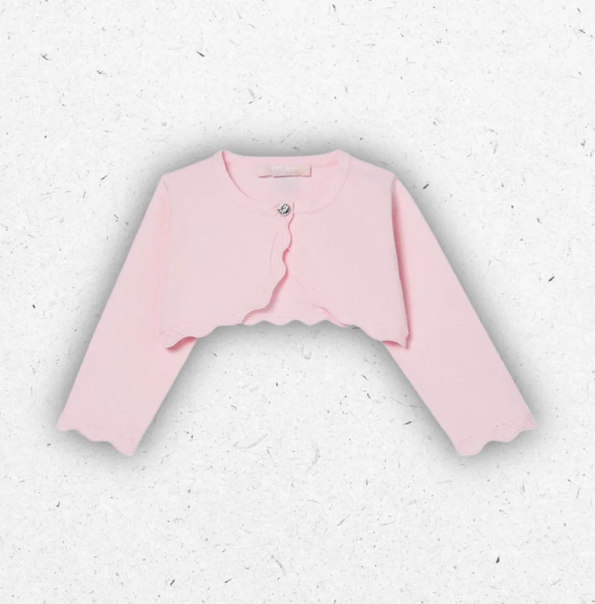 Morbido cardigan rosa da neonata Liu Jo in jersey di viscosa con eleganti orli ondulati e chiusura con singolo bottone gioiello.