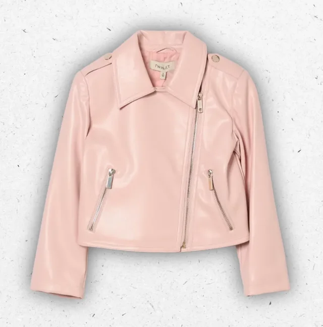 Chiodo Biker Ragazza Twinset Rosa in Pelle Sintetica con Zip Metalliche