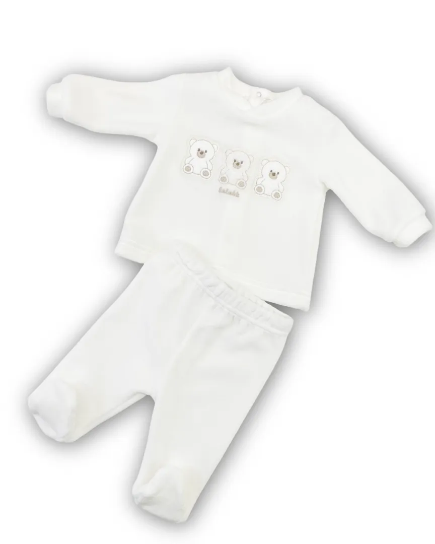 Completino 2 pezzi per neonati (maglietta maniche lunghe e pantalone) in ciniglia, di colore Latte (bianco caldo/crema). Capo caldo e morbido.
