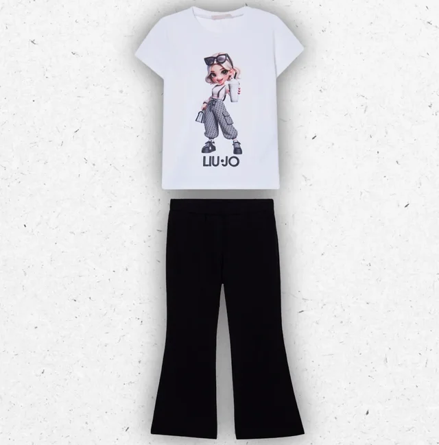 Completo Bambina Liu Jo Bianco e Nero con T-shirt Stampata e Leggings Flare