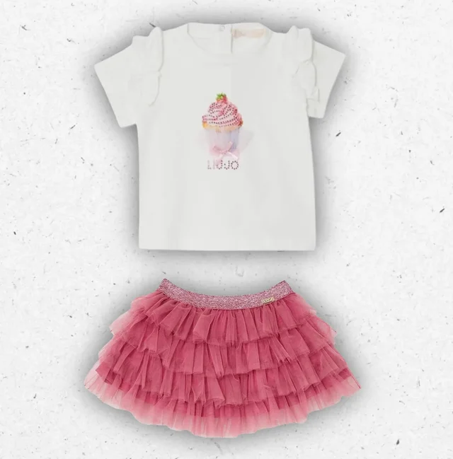 Completo Bambina Liu Jo Set Due Pezzi T-Shirt Cupcake e Gonna in Tulle Rosa