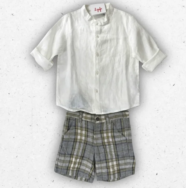Completo Bimbo Il Gufo Camicia a Righe Seersucker e Bermuda Blu