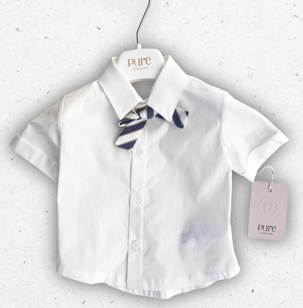 Completo da cerimonia per neonato Pure Firenze composto da gilet a righe bianche e blu, pantalone color cuoio e papillon coordinato.