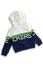 Completo felpa e pantalone Jeckerson per bambino. Felpa con cappuccio color block blu scuro, bianco e verde, pantaloni jogger blu scuro. 1