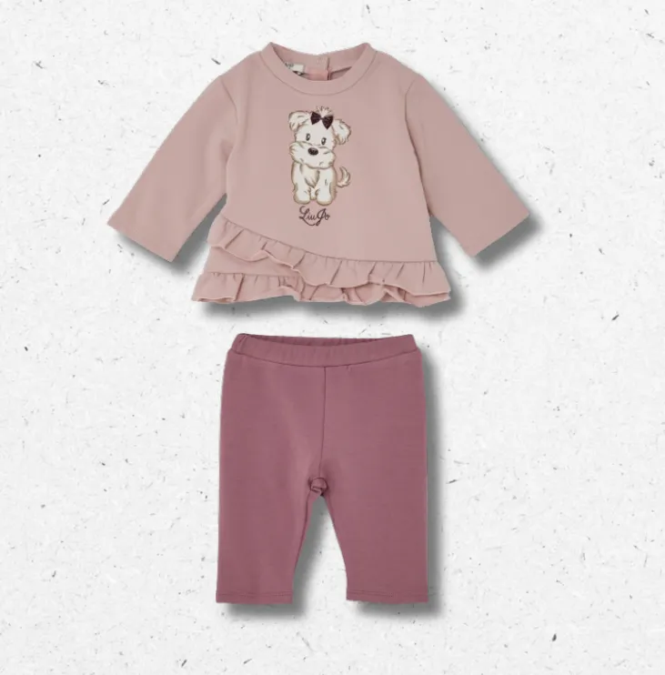 Completo Liu Jo neonata felpa rosa cagnolino leggings malva