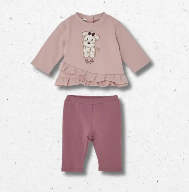 Completo Liu Jo Neonata Felpa Rosa con Cagnolino e Leggings Malva