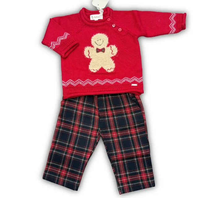 Completo Natalizio 2 Pezzi Lalalù per Neonato/a - Maglione Gingerbread e Pantaloni Tartan