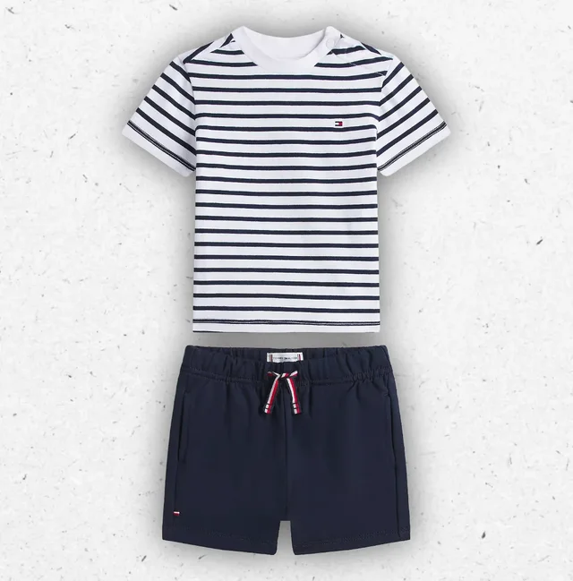 Completo Neonati Tommy Hilfiger Essential T-Shirt a Righe e Shorts Blu Navy