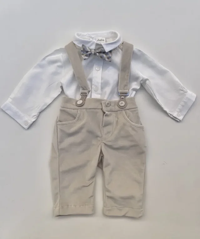 Completo Neonato 3 Pezzi - Camicia, Pantaloni con bretelle e Papillon