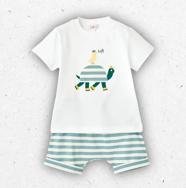 Completo Neonato Il Gufo Set Due Pezzi T-Shirt Bianca e Shorts a Righe Azzurre