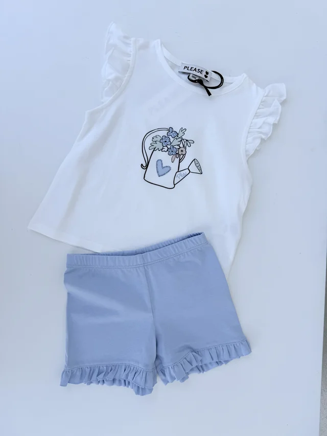 Completo Please per neonata con t-shirt a maniche corte e short in due colori