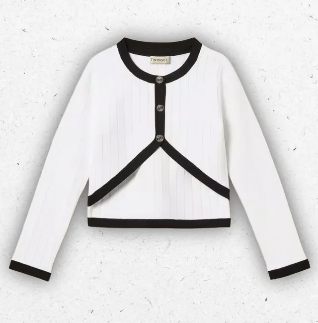 Completo Ragazza Twinset Cardigan e Top in Maglia Bicolor Off White e Nero