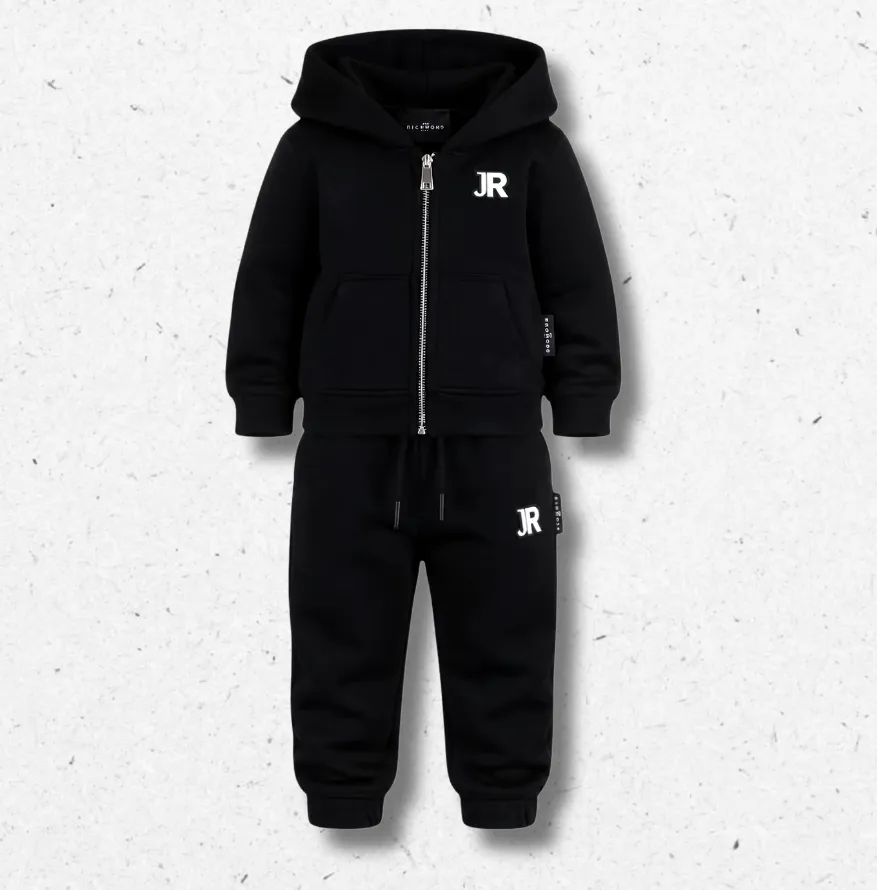 Tuta da neonato John Richmond Kids nera con felpa con zip, cappuccio e logo JR