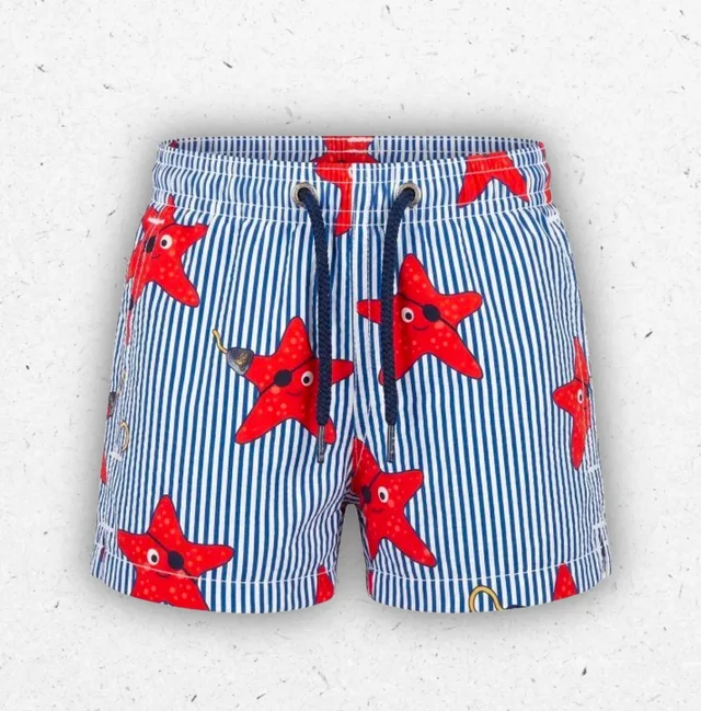 Costume Boxer Bambino MC2 Saint Barth a Righe con Stelle Marine Rosse Jean