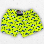 Costume da bagno a boxer per bambino modello Lighting in tessuto tecnico giallo fluò con stampa all-over di auto Porsche bianche e palme verdi, dotato di coulisse blu. 1