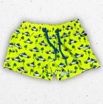 Costume da bagno a boxer per bambino modello Lighting in tessuto tecnico giallo fluò con stampa all-over di auto Porsche bianche e palme verdi, dotato di coulisse blu. 1