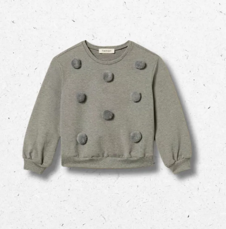 Felpa baby Twinset grigio melange con pompon faux fur