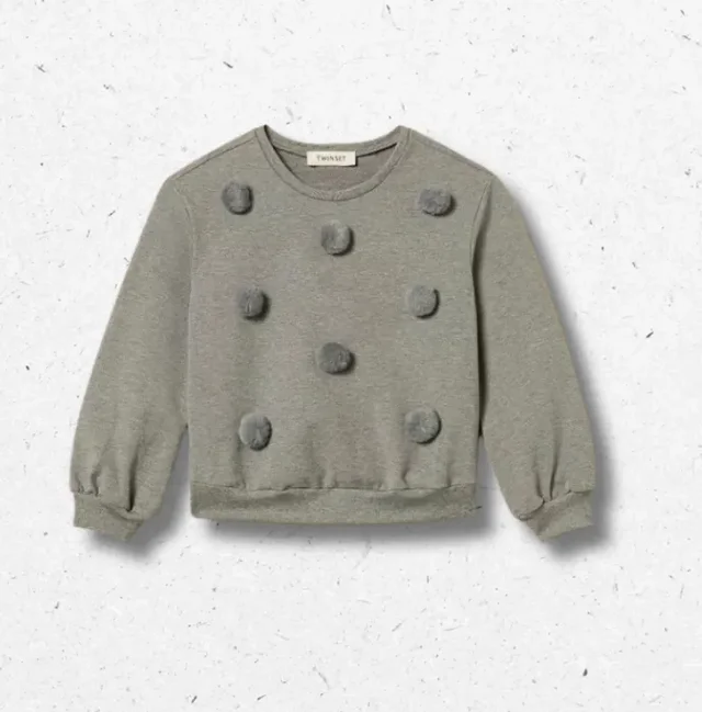 Felpa Baby Twinset Grigio Melange con Pompon in Faux Fur