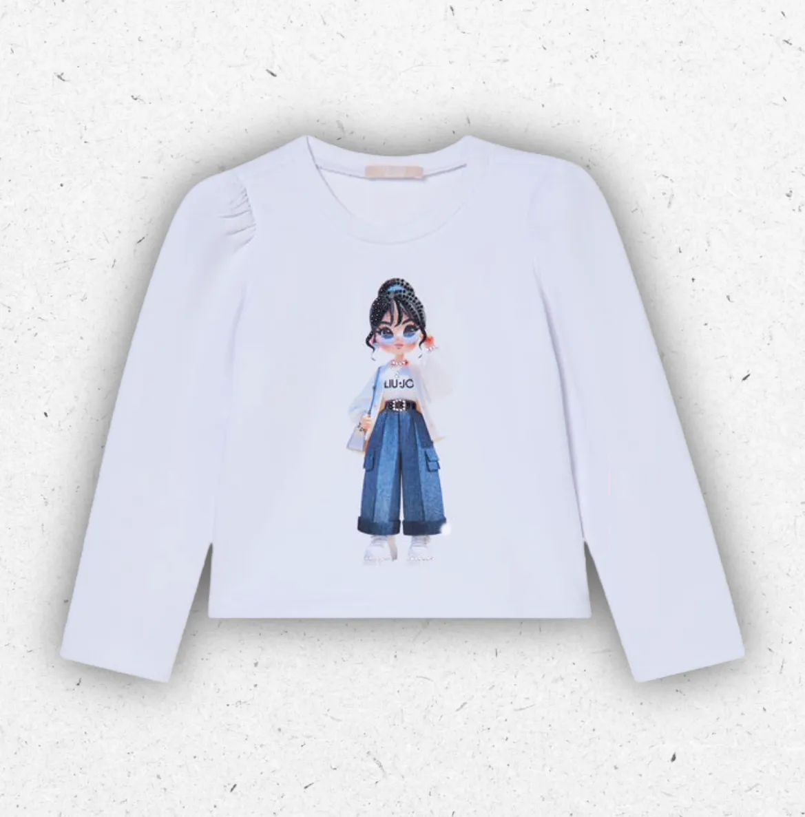 Felpa bianca da bambina Liu Jo Better in cotone stretch con stampa artistica di una bambola e dettagliate spalline arricciate.
