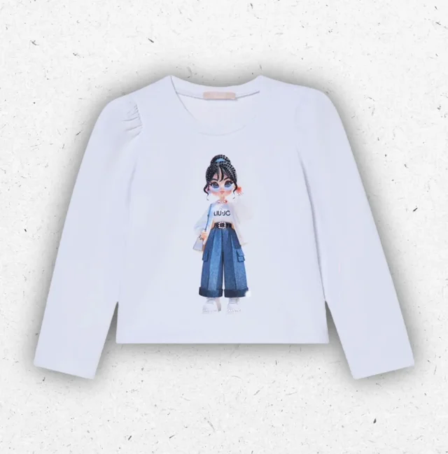 Felpa Bambina Liu Jo Better Bianca in Cotone Stretch con Stampa Bambola e Spalline Arricciate