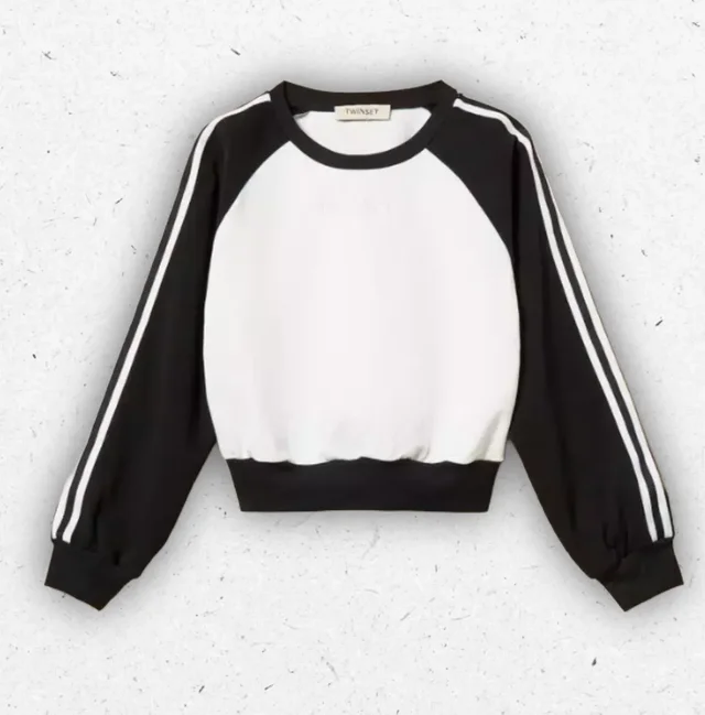 Felpa Bambina Twinset Color Block Off White e Nero con Righe Sportive