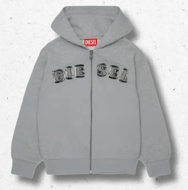 Felpa con Cappuccio e Zip Bambino Diesel Oversize con Lettere Logo Sfrangiate