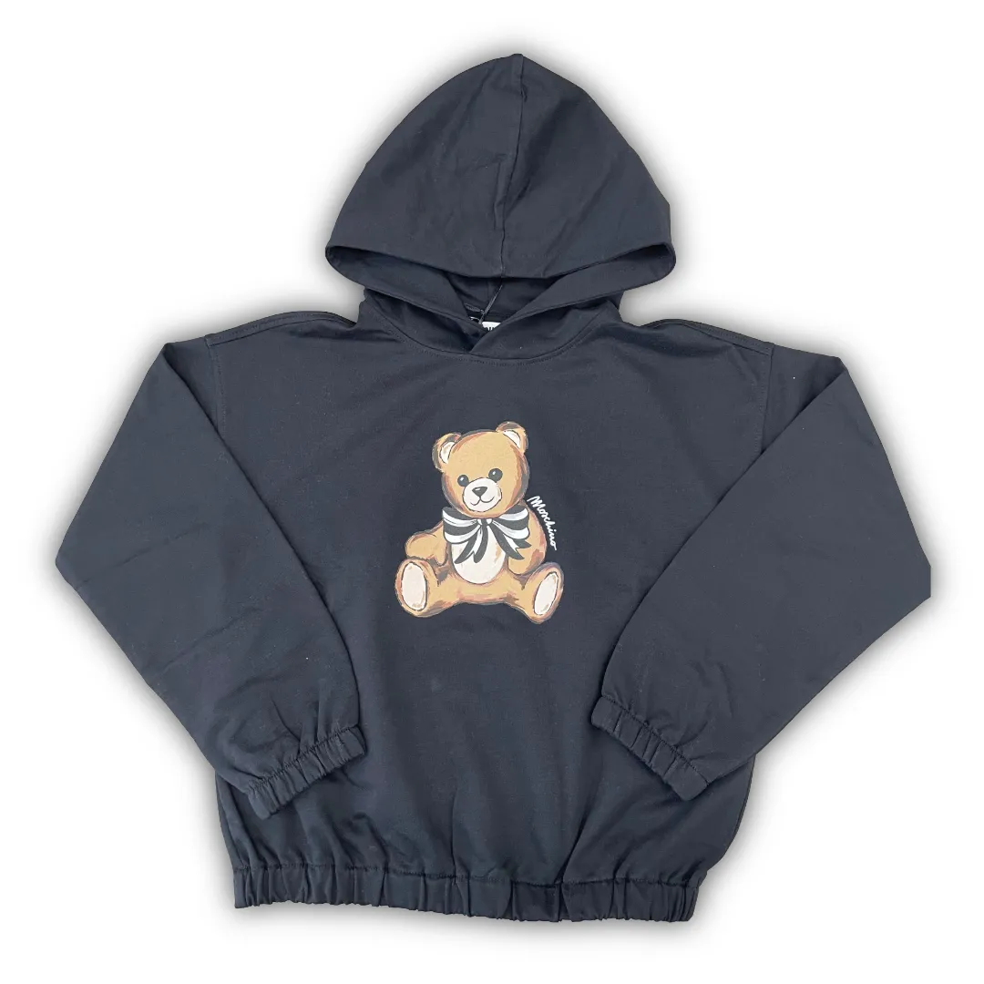 Felpa con cappuccio Moschino Kids per bambina di colore nero antracite, in cotone con stampa Orsetto Teddy Bear.