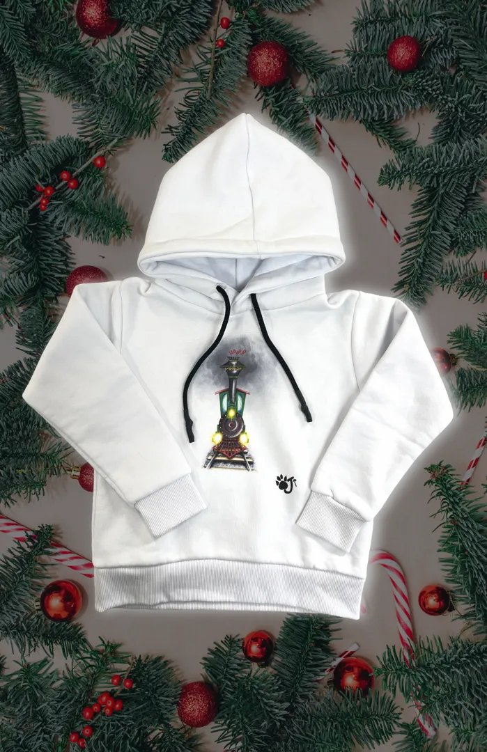 Felpa con cappuccio Oji Brand per ragazzo, colore bianco, con stampa natalizia di un trenino a vapore decorato che emette vapore Ho Ho Ho.