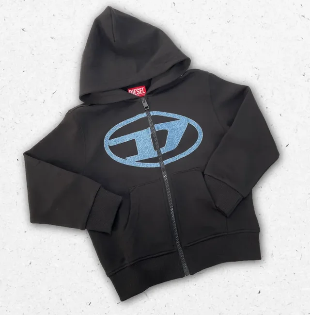 Felpa Diesel Ragazzo Nera con Zip e Logo Denim