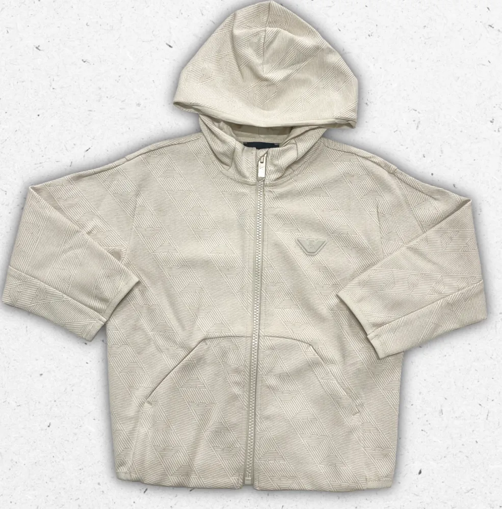 Felpa con cappuccio e zip Emporio Armani da bambino in double jersey jacquard con motivo logo aquila all-over.