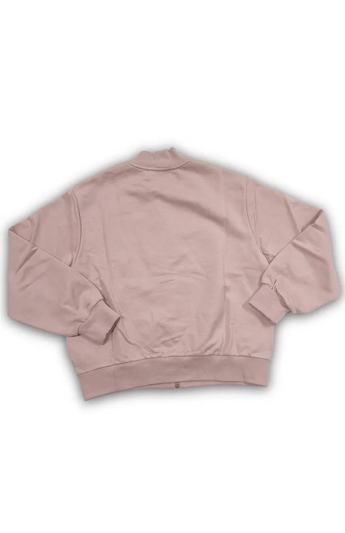 Felpa con cerniera Elisabetta Franchi per ragazza, colore rosa antico/malva, con striscia verticale bianca e logo ricamato sul petto.