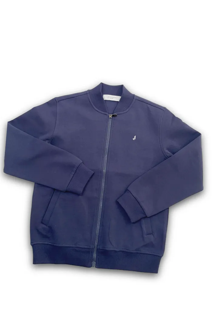 Felpa con cerniera Jeckerson per bambino, colore blu scuro. Modello sportivo con logo Jeckerson sul petto e grande stampa sul retro.