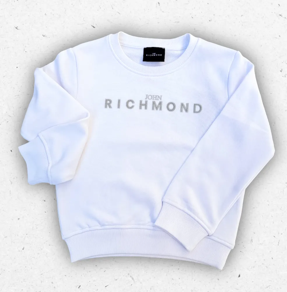 Felpa bianca da bambino e ragazzo John Richmond con logo centrale grigio, maniche lunghe e girocollo.