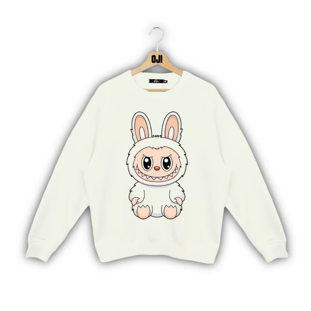 Felpa girocollo Oji Brand per neonato/bambino in cotone panna, con stampa centrale del personaggio Labubu in colore bianco con dettagli beige.