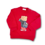 Felpa Jeckerson girocollo in cotone rosso per bambino, con stampa di un orsetto con zaino e bottoni sulla spalla. 1