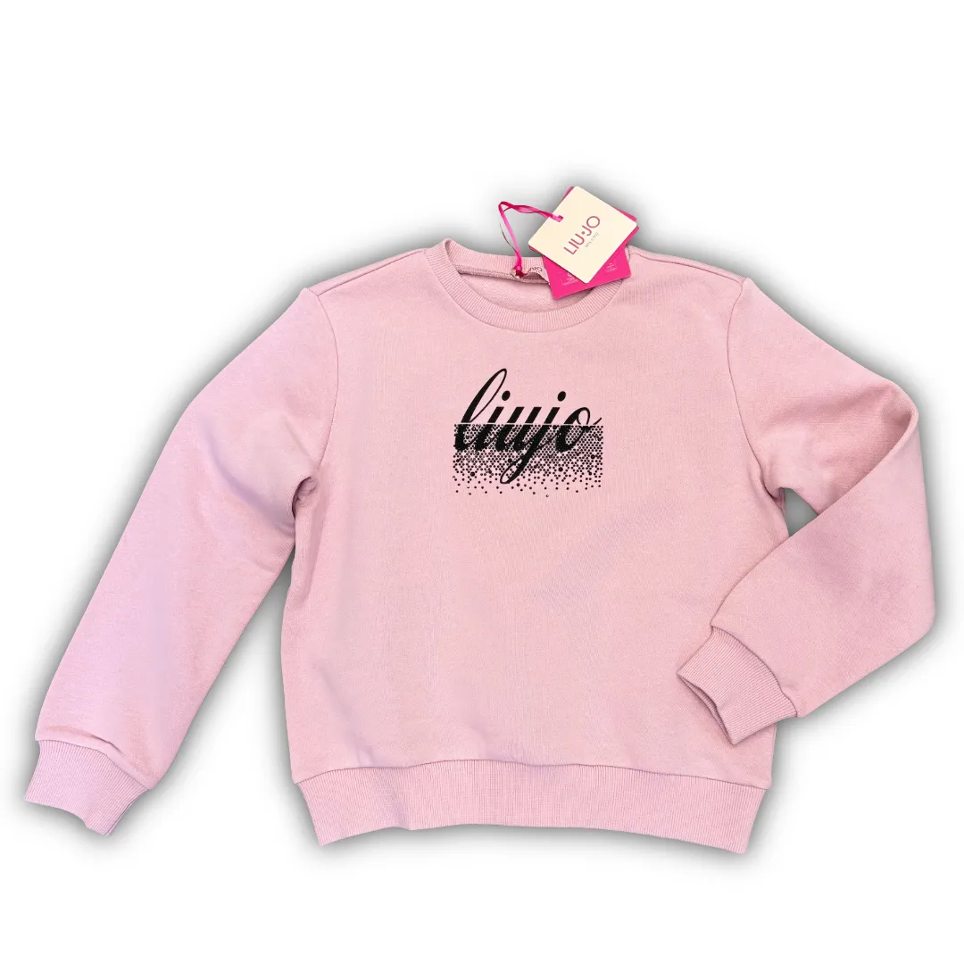 Felpa Liu Jo Girl a girocollo, maniche lunghe, rosa chiaro, con stampa logo Liu Jo nero e glitter sul petto.