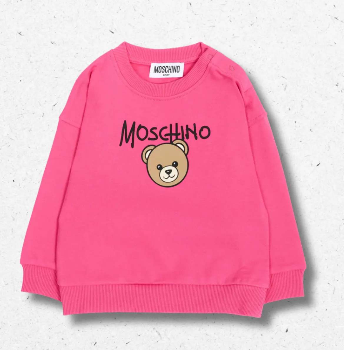 Felpa Moschino Kids per neonata in cotone felpato fucsia, stampa teddy bear centrale, logo a contrasto