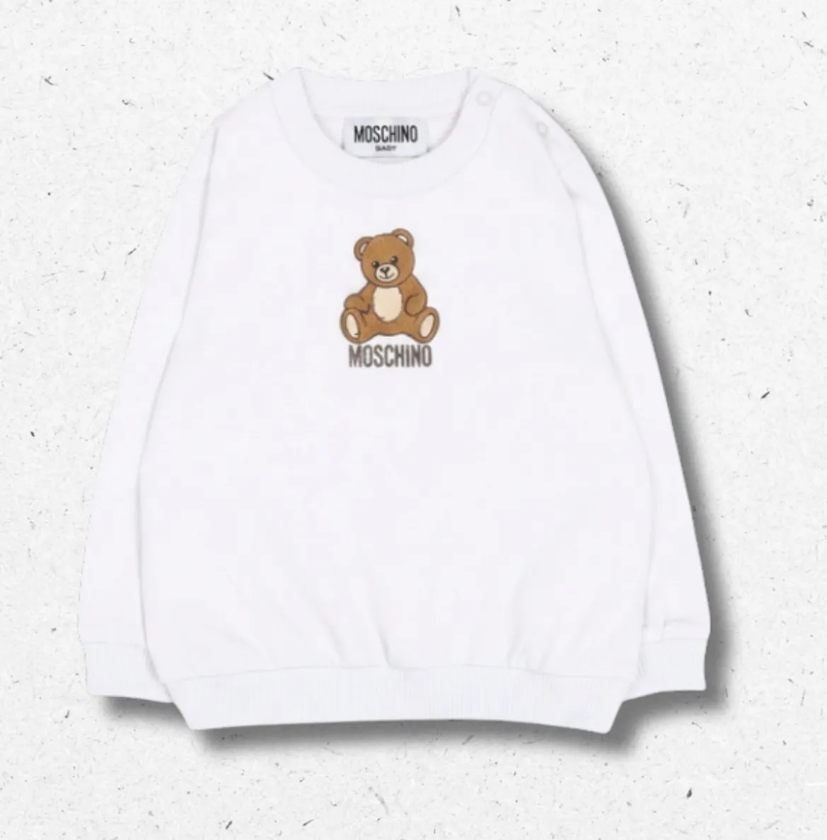 Felpa Moschino Kids per neonato in cotone felpato bianco ottico, stampa teddy bear, logo in nero