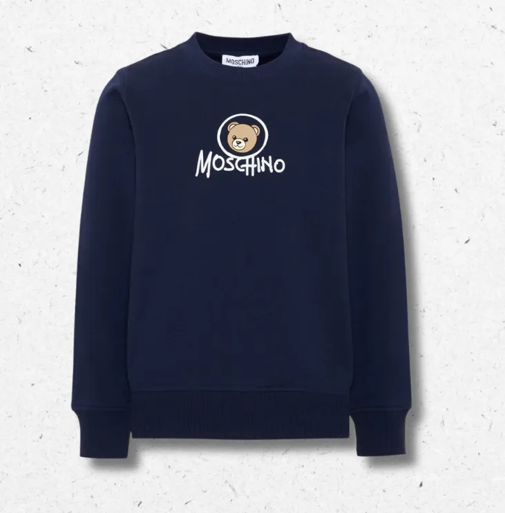 Felpa Moschino Kids da ragazzo in cotone felpato, stampa orsetto ovale, logo Moschino bianco