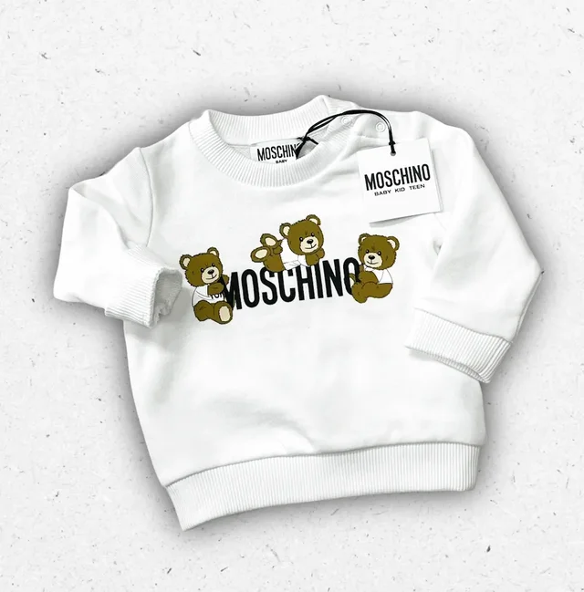 Felpa Moschino Neonato Bianca con Grafica Triple Teddy Bear e Logo