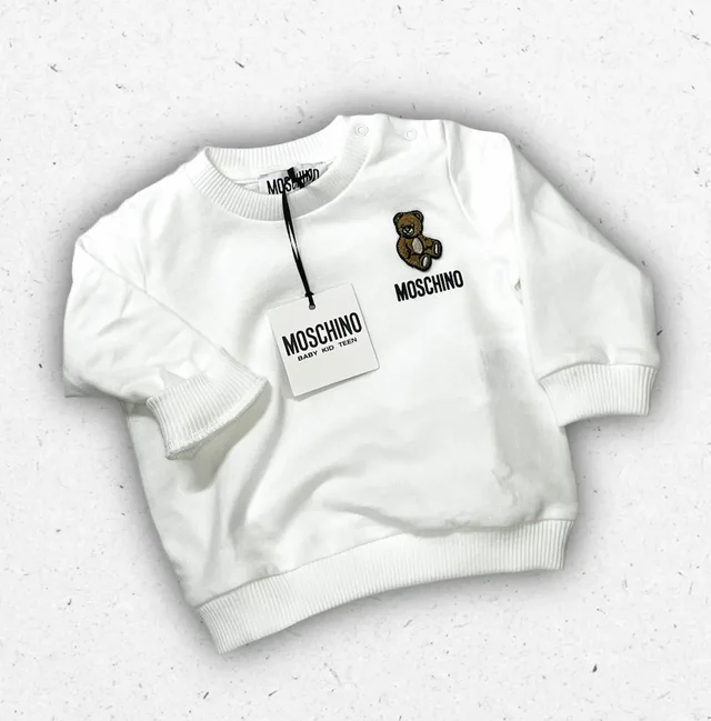 Felpa Moschino Neonato Bianca in Cotone con Teddy Bear e Bottoncini
