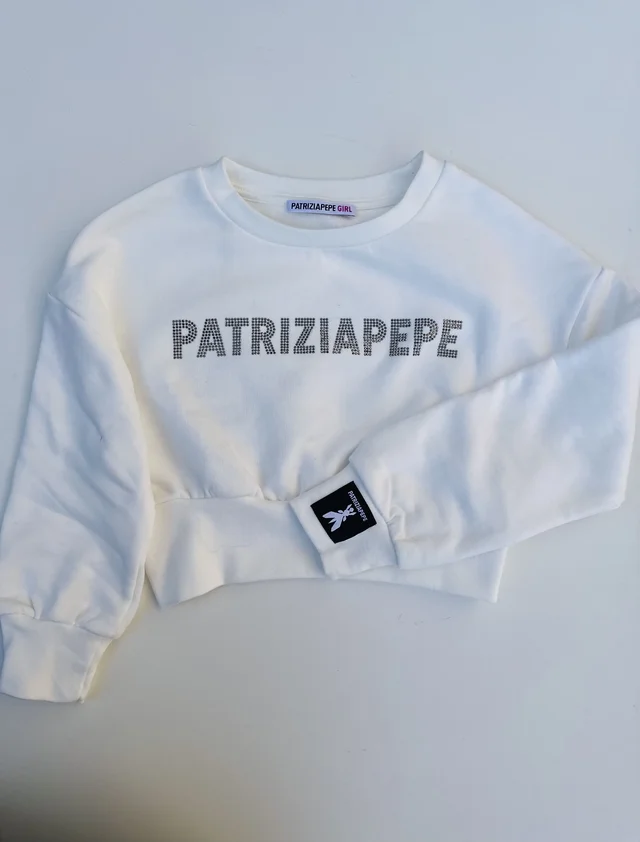 Felpa Patrizia Pepe Ragazza Bianca Corta con Logo Brillantinato