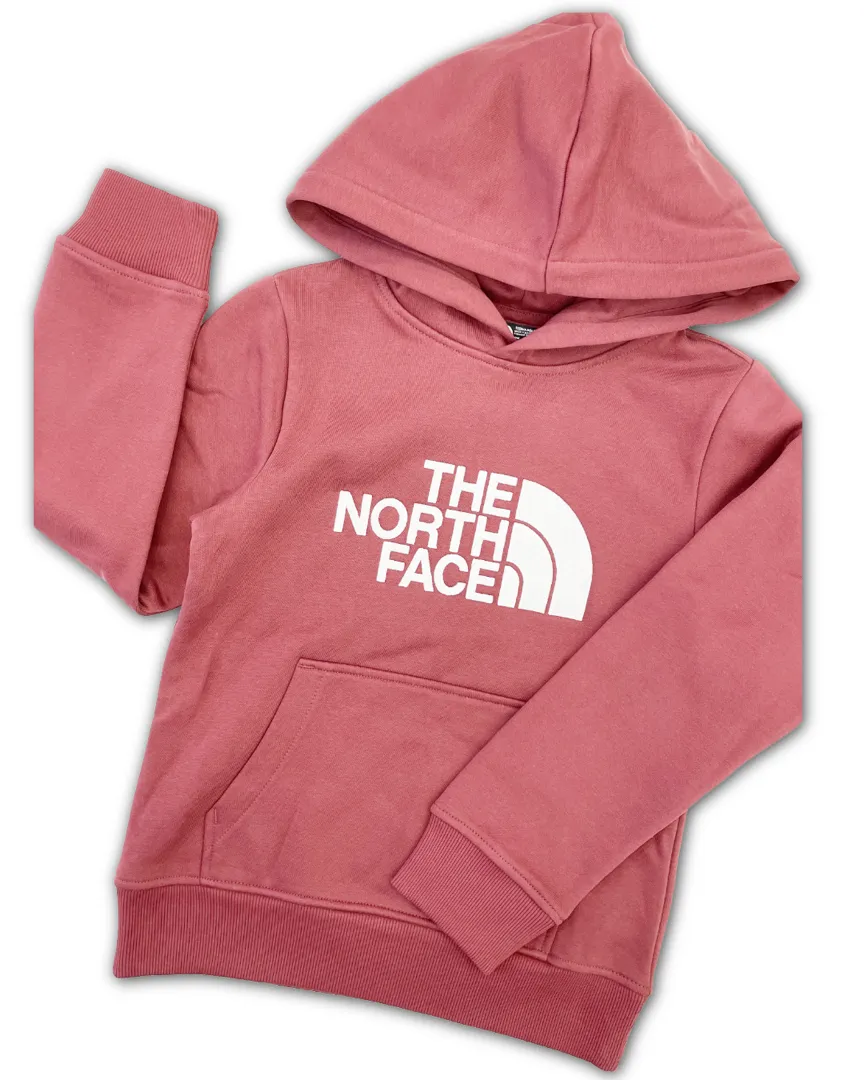 Felpa Pullover con Cappuccio The North Face Drew Peak per ragazzi, colore Sumac (bordeaux/rosso scuro). Presenta tasca a marsupio e logo ricamato sul davanti e sul retro.