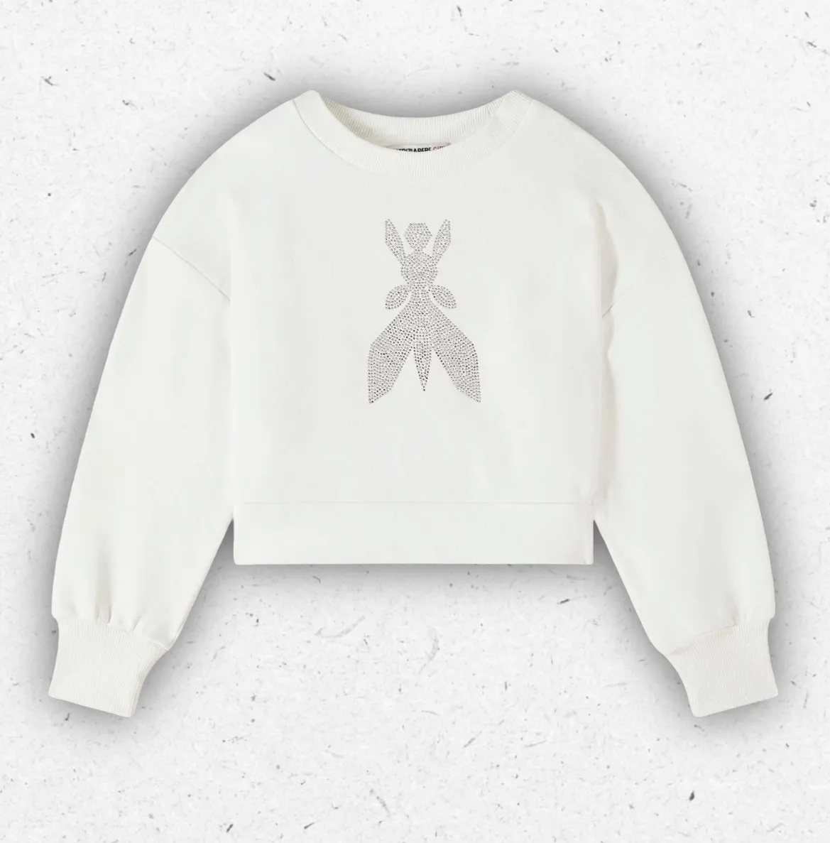 Felpa nera girocollo da ragazza Patrizia Pepe con decorazione all-over di strass luminosi, effetto degradé e dettaglio logo Fly.