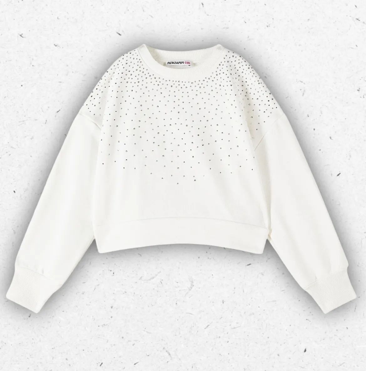 Felpa nera girocollo da ragazza Patrizia Pepe con decorazione all-over di strass luminosi, effetto degradé e dettaglio logo Fly.