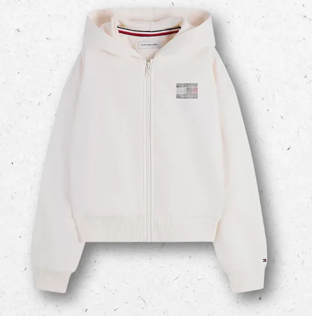 Felpa Ragazza Tommy Hilfiger Bianca con Cappuccio e Strass