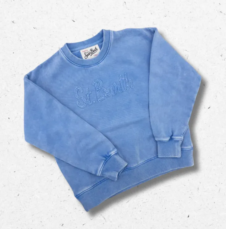 BLU Felpa Saint Barth da bambina, colore Azzurro. Modello vintage girocollo con stampa patch sul davanti.