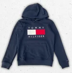 Felpa blu navy Tommy Hilfiger da ragazzo con cappuccio, tasca frontale a marsupio e logo ricamato. 1