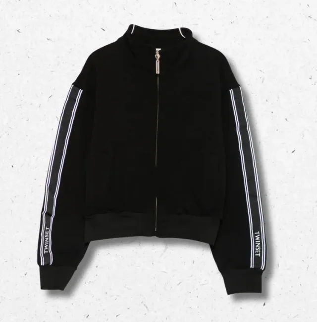 Felpa Twinset Ragazza Nera con Zip e Righe a Contrasto