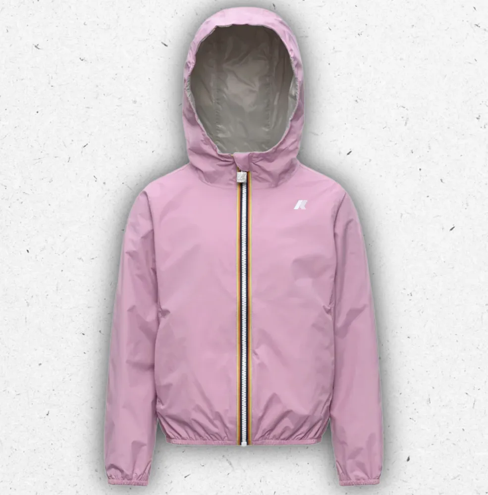Giacca corta da bambina K-Way Lily Plus.2 reversibile, color violet glicine e beige, con cappuccio e chiusura zip a contrasto.